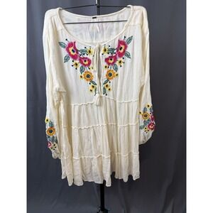 Free People Floral Embroidered Tiered Tunic Dress Ivory Boho Women's Size XS